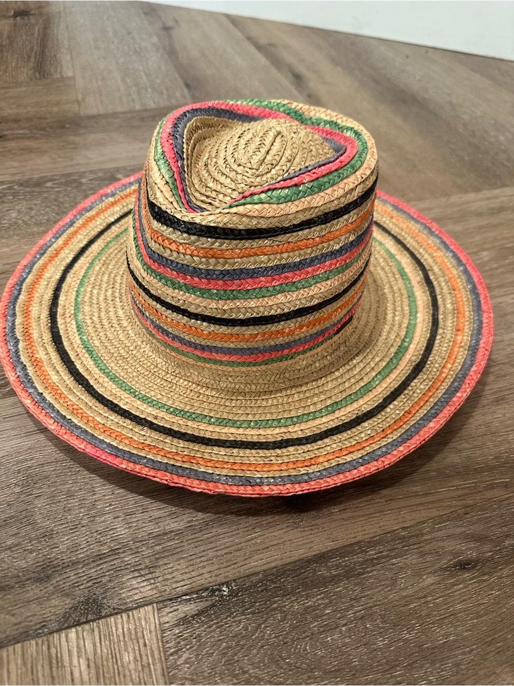 Brixton Straw Sun Hat in Natural with Pink, Green, Orange, Black Stripes